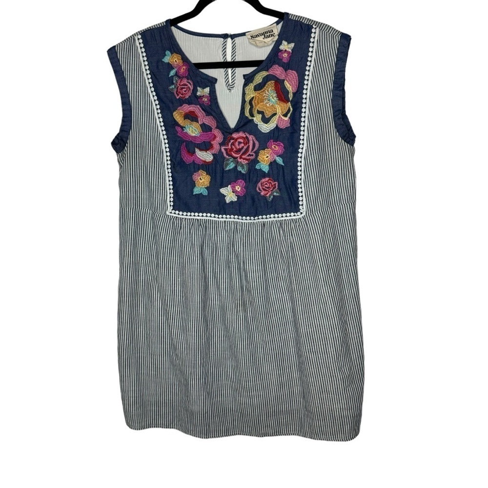 Savanna Jane Embroidered Dress Floral Striped Large